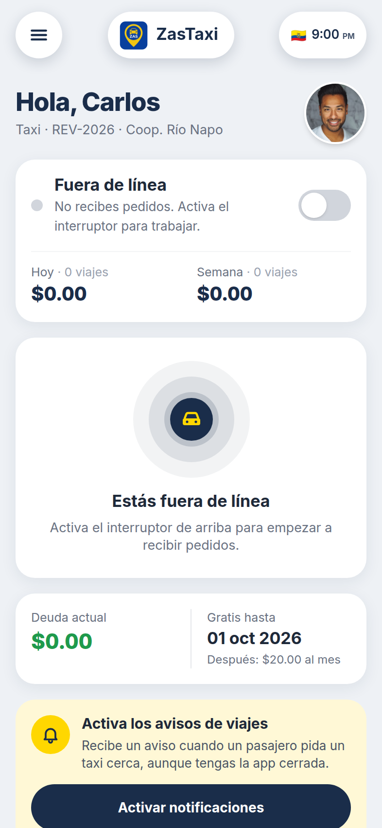 Portal del conductor en ZasTaxi